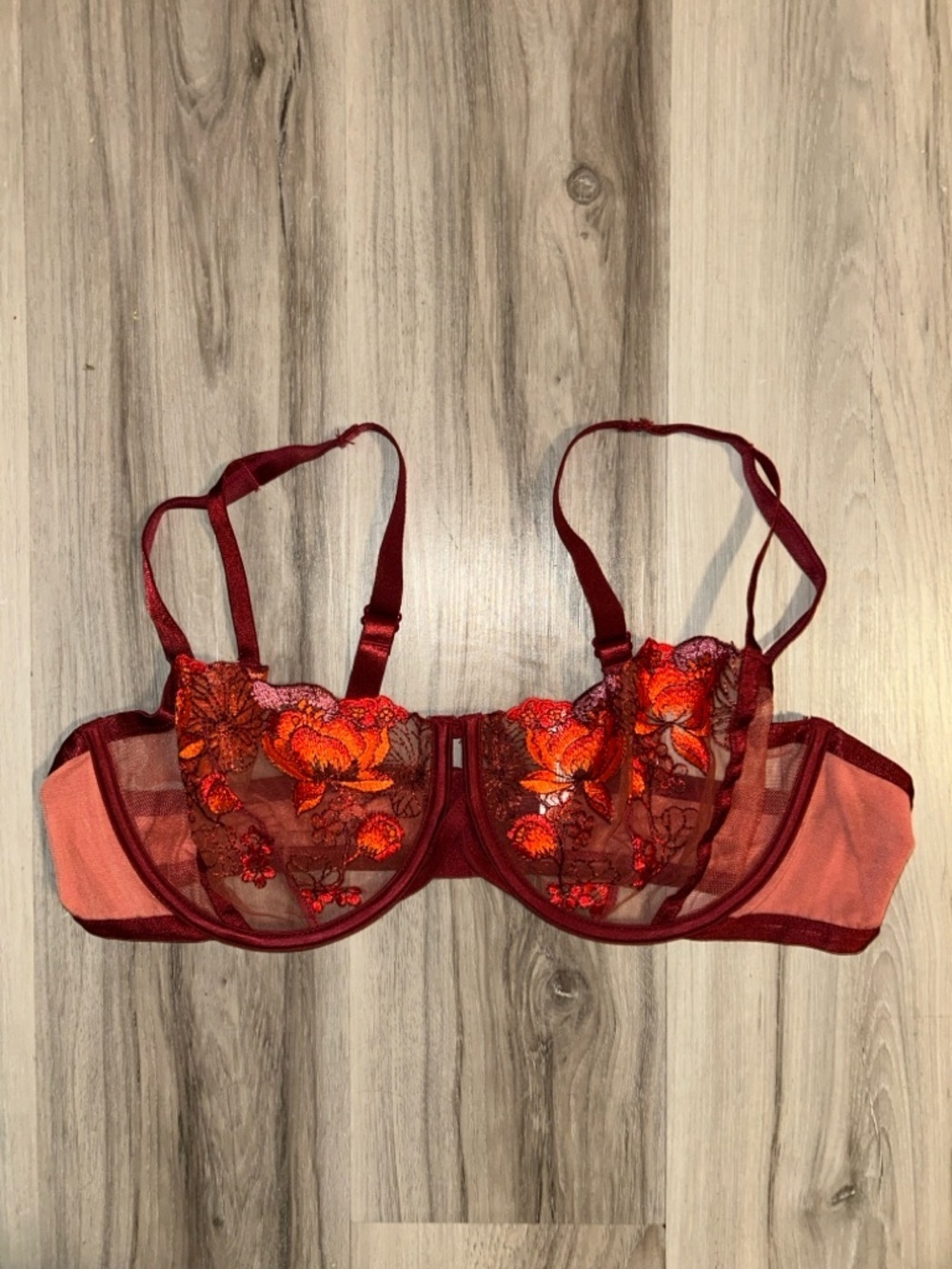 Adore Me Burgundy and Orange Floral Embroidered Underwire Bra